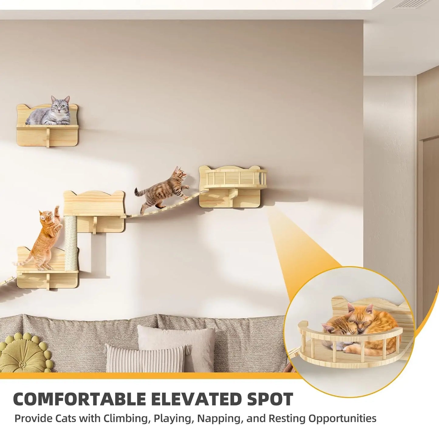Cat Wall Shelves, Cat Shelves and Perches for Wall, Set of 9 Wooden Cats Shelf Furniture with