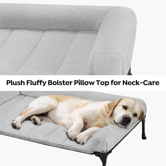 Elevated Orthopedic Dog Bed with Fluffy Bolster, Large Pet Sofa Cot, Removable Washable Mat, Non-Slip Feet, Grey