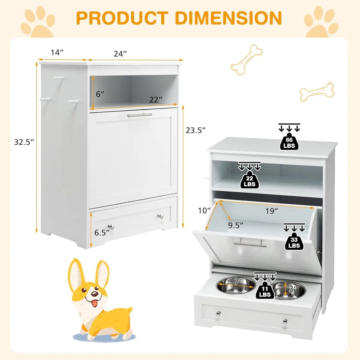 Pet Feeder Station, Dog Food Storage Container with Double Pull Out Dog Bowls,