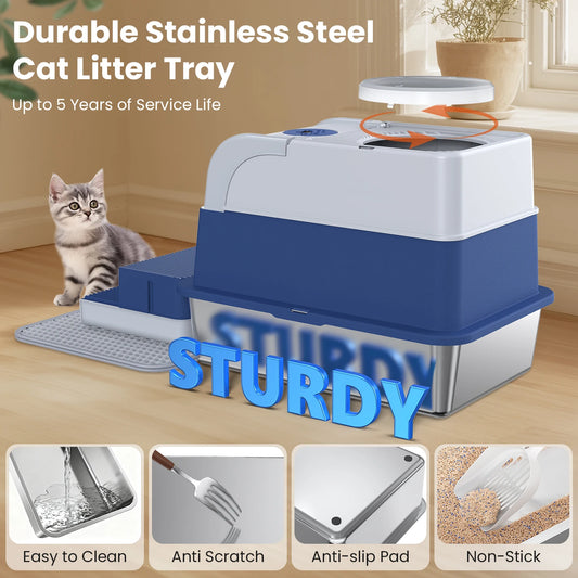 Stainless Steel Cat Litter Box. Non-Stick Odor Control Easy Clean with Lid & Scoop