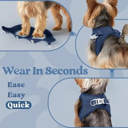 Soft mesh harness for small dogs, safety buckle, reflective, navy blue.