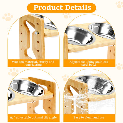Elevated Dog Bowls Wood Tilted Adjustable Dogs Feeder Stand with Stainless Steel Food Bowls