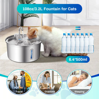 Cat Water Fountain Stainless Steel, 108oz/3.2L Pet Water Fountain