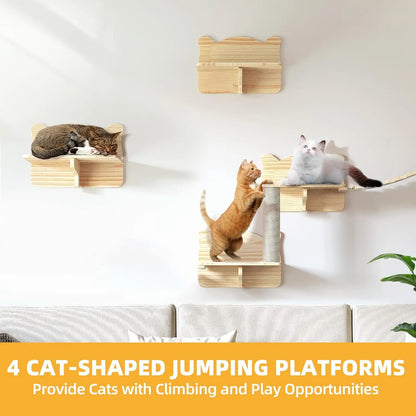 Cat Wall Shelves, Cat Shelves and Perches for Wall, Set of 9 Wooden Cats Shelf Furniture with