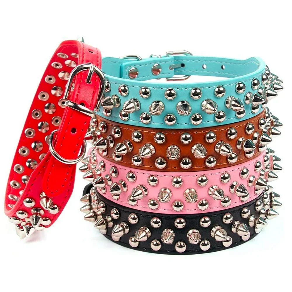 Adjustable Leather Pet Dog Collar Neck Strap. Leather Punk Rivet Spiked Dog Collar Pet Collars for Small Dog Cat