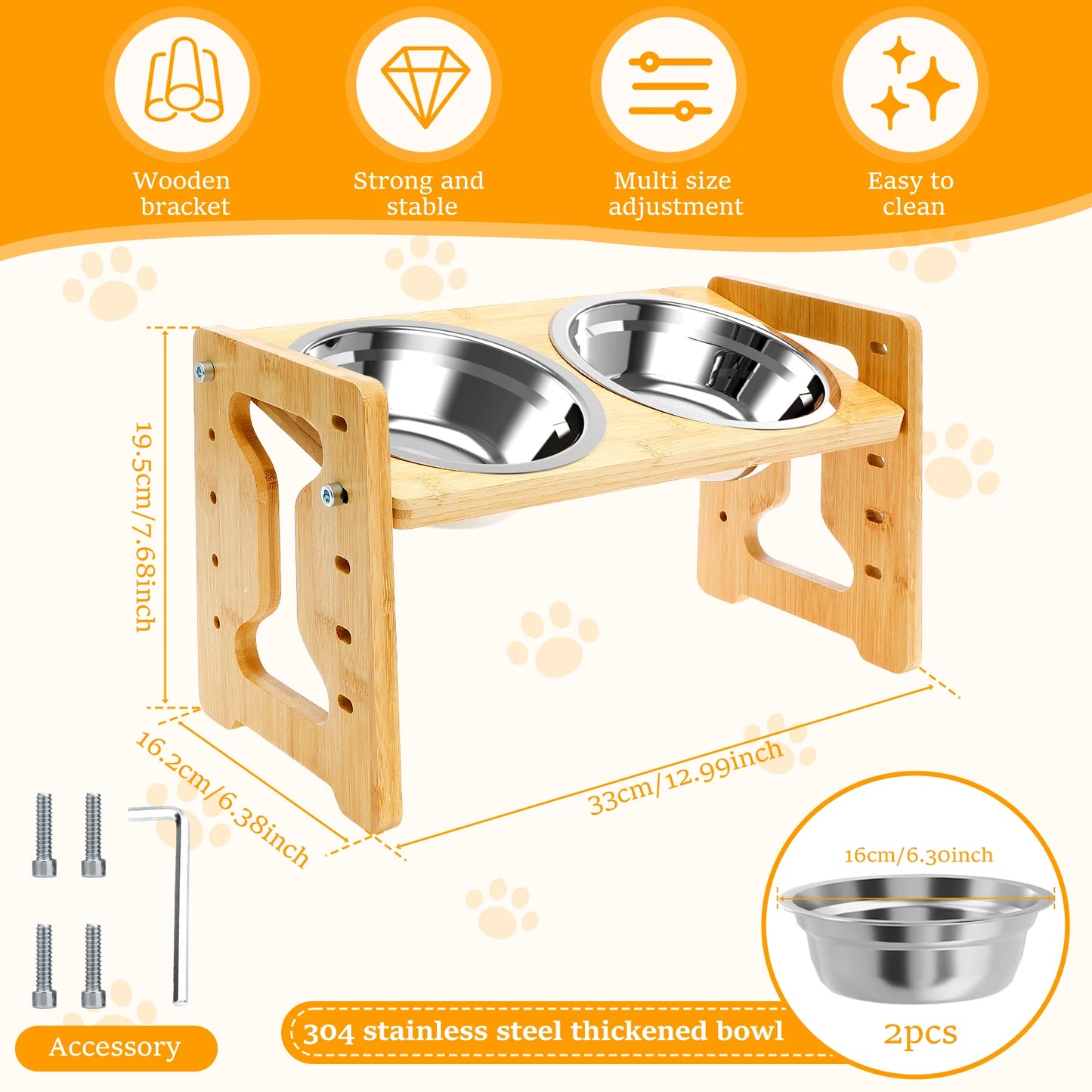 Elevated Dog Bowls Wood Tilted Adjustable Dogs Feeder Stand with Stainless Steel Food Bowls