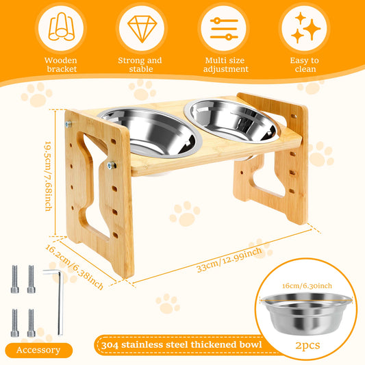 Elevated Dog Bowls Wood Tilted Adjustable Dogs Feeder Stand with Stainless Steel Food Bowls