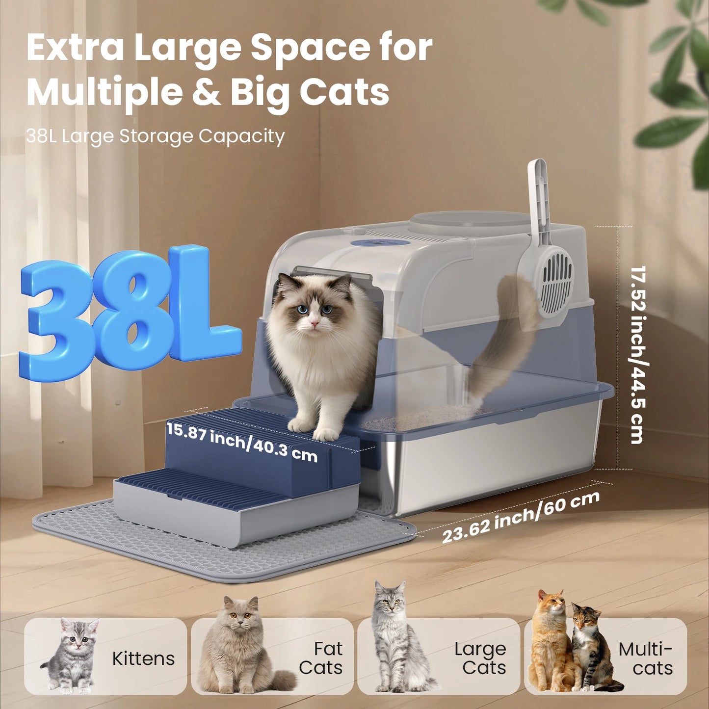 Stainless Steel Cat Litter Box.  Non-Stick Odor Control Easy Clean with Lid & Scoop