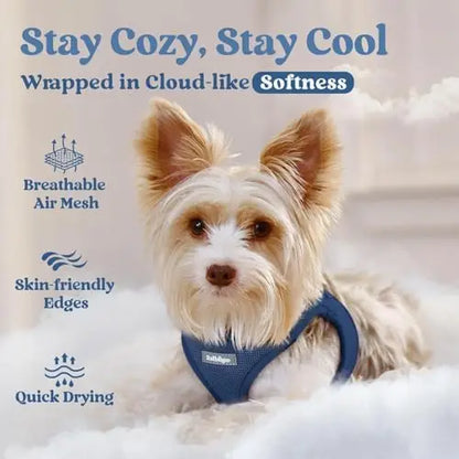 Soft mesh harness for small dogs, safety buckle, reflective, navy blue.