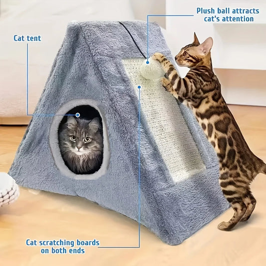 Pet bed for cats under 15 pounds with plush toy ball cat scratching board