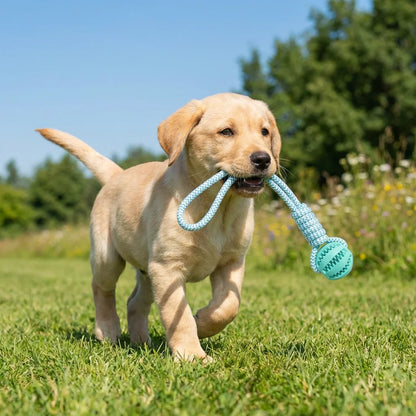 Cotton Rope & Rubber Dog Chew Ball and Treat Dispenser Toy.