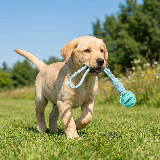 Cotton Rope & Rubber Dog Chew Ball and Treat Dispenser Toy.