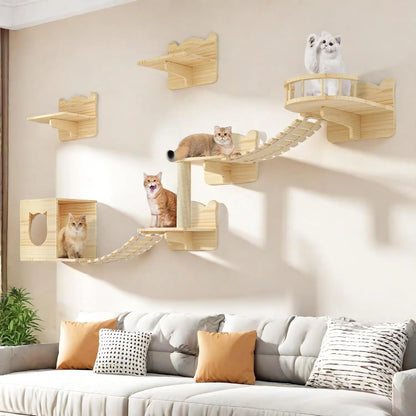 Cat Wall Shelves, Cat Shelves and Perches for Wall, Set of 9 Wooden Cats Shelf Furniture with