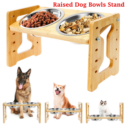 Elevated Dog Bowls Wood Tilted Adjustable Dogs Feeder Stand with Stainless Steel Food Bowls