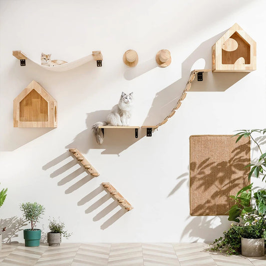 Cat Climbing Shelf with Wall Mounted Four Step Stairway.