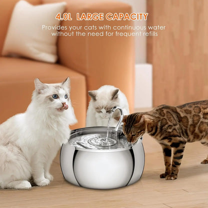 Stainless Steel Cat Water Fountain 4.0L Ultra-Quiet Pump Multi-Filter