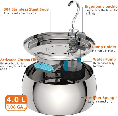 Stainless Steel Cat Water Fountain 4.0L Ultra-Quiet Pump Multi-Filter