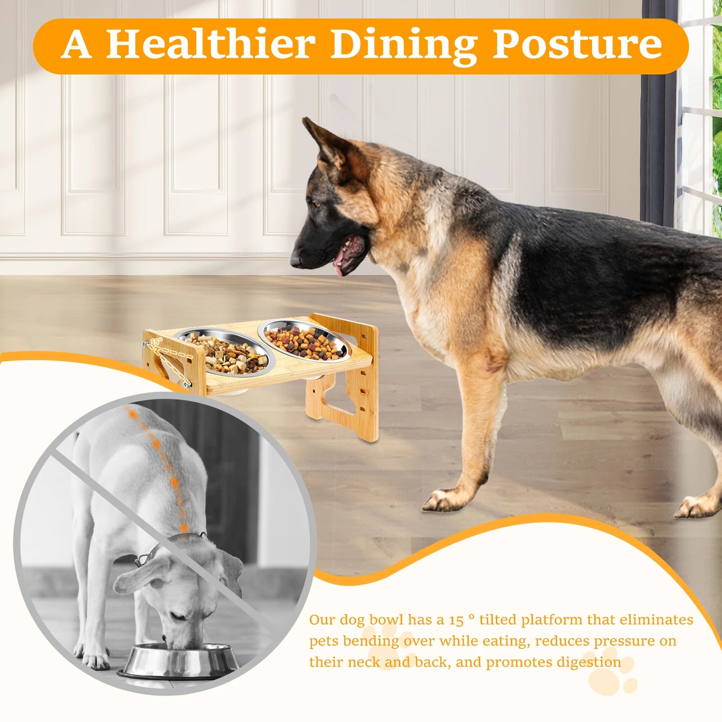 Elevated Dog Bowls Wood Tilted Adjustable Dogs Feeder Stand with Stainless Steel Food Bowls