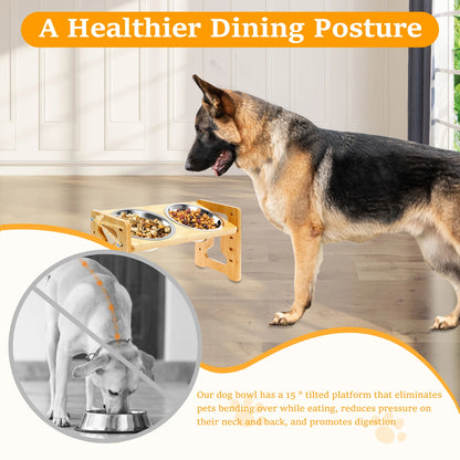 Elevated Dog Bowls Wood Tilted Adjustable Dogs Feeder Stand with Stainless Steel Food Bowls
