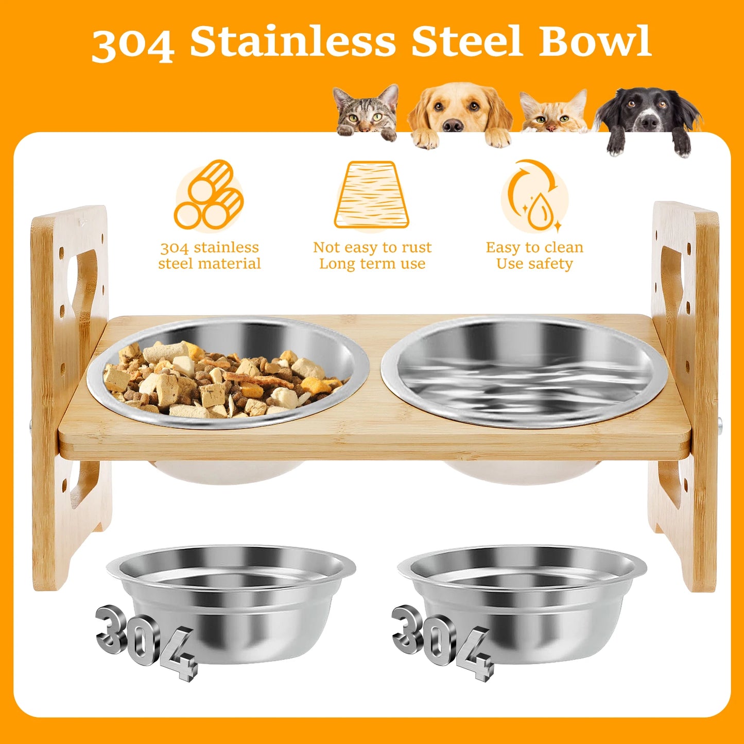 Elevated Dog Bowls Wood Tilted Adjustable Dogs Feeder Stand with Stainless Steel Food Bowls