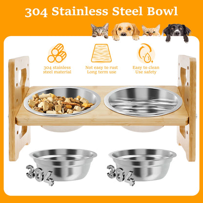 Elevated Dog Bowls Wood Tilted Adjustable Dogs Feeder Stand with Stainless Steel Food Bowls