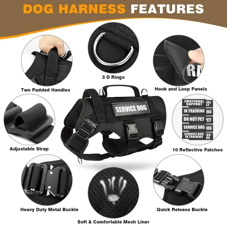 Service Dog Vest Harness for Large Dog, Tactical Working MOLLE Vest with 10 Pet Patches,