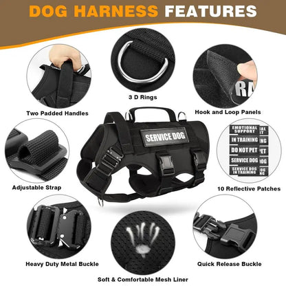 Service Dog Vest Harness for Large Dog, Tactical Working MOLLE Vest with 10 Pet Patches,