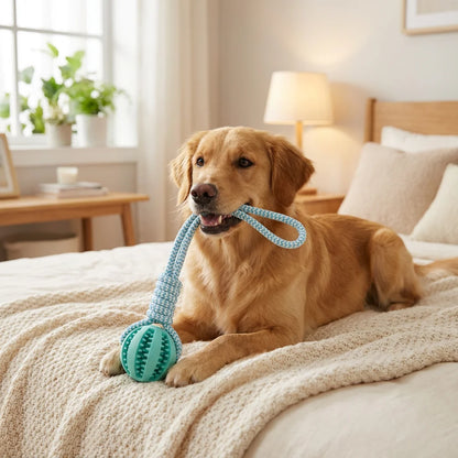 Cotton Rope & Rubber Dog Chew Ball and Treat Dispenser Toy.