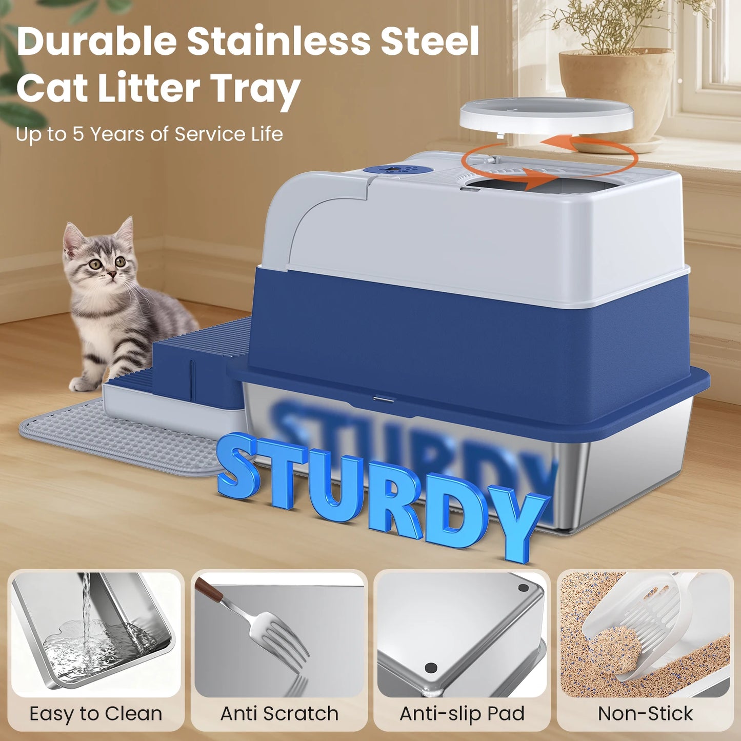 Stainless Steel Cat Litter Box.  Non-Stick Odor Control Easy Clean with Lid & Scoop