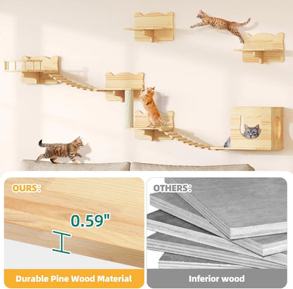 Cat Wall Shelves, Cat Shelves and Perches for Wall, Set of 9 Wooden Cats Shelf Furniture with